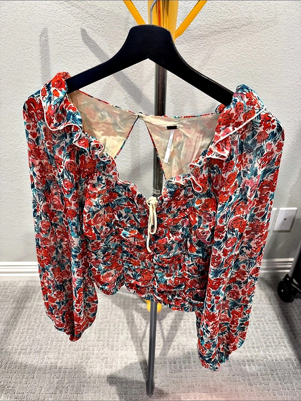 Free People Daisy Jane Printed Blouse Floral Ruffle in Red & Green